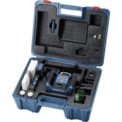 Open blue toolbox with various measuring instruments and accessories. Contains laser distance meter and batteries.