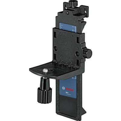 A black Bosch wall mount for measuring devices with an adjustable knob and scale, designed for precise alignment on walls.