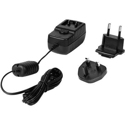 Pictured is a black power supply with a detachable cable and three interchangeable plug socket adapters for different countries.