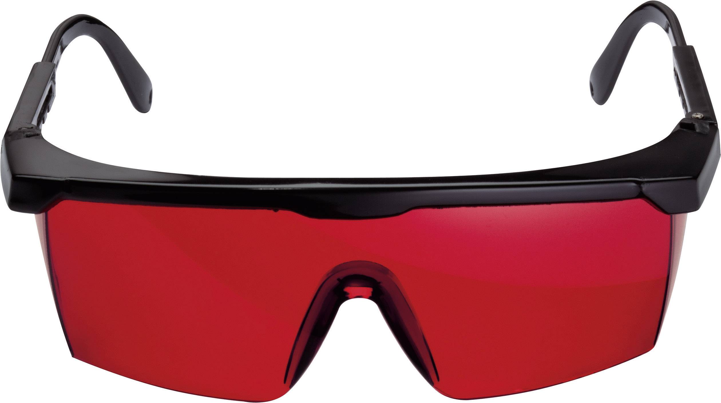 A black safety spectacles with large, red lenses, which provide protection against light or lasers.