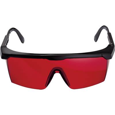 A black safety spectacles with large, red lenses, which provide protection against light or lasers.