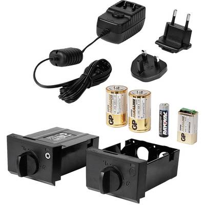 A set comprising a charger with various plug adapters, two large batteries, one small battery, and two black battery holders.