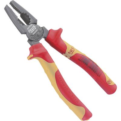 A red and yellow insulated combination pliers with a strong grip surface, suitable for electrical engineering work.