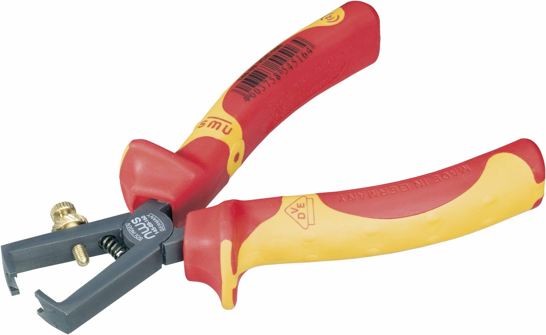 A red and yellow wire stripping pliers with an ergonomic handle, suitable for removing insulation from electrical cables.