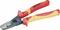 An isolated combination pliers with red and yellow handles, suitable for electrical work.