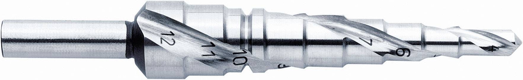 Silver stepped drill bit with multiple cutting edges and graduated sections, designed for creating holes of varying sizes.