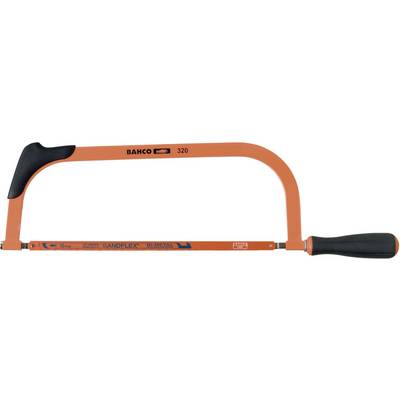 An orange-coloured bow saw with a black handle by Bahco, model number 320.