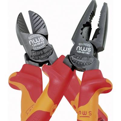 Two red and orange combination pliers with 'Made in Germany' printed on the black gripping heads.