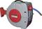 Automatic hose reel with a grey housing and red cover, mounted on a wall bracket. A blue hose is visible.