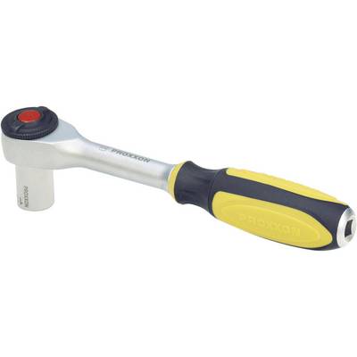 Ratchet with yellow handle and silver head, shown from the side. 'Proxxon' brand name visible on head and handle.