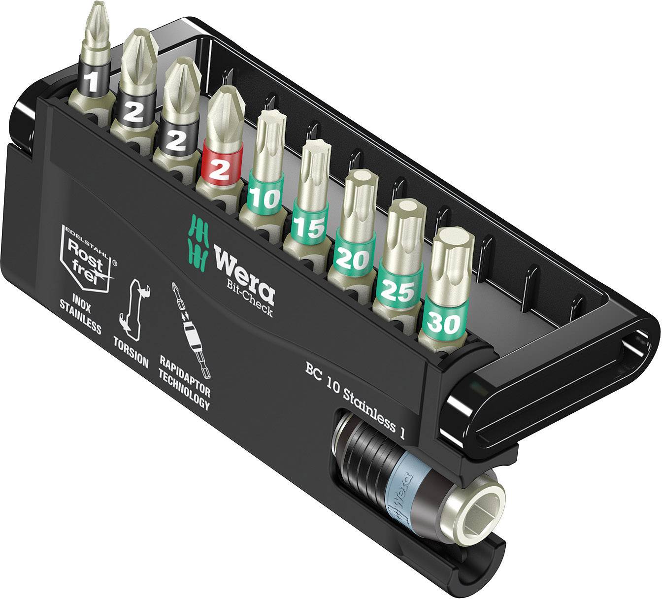 'Wera' Screwdriver Bit Set with 10 bits in a holder, labelled with various sizes and numbers from 1 to 30.