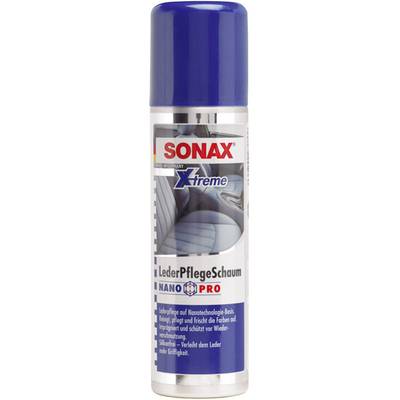 Bottle of SONAX Xtreme Leather Care Foam. Contains leather care based on nano-technology, refreshes colours and protects against wear.