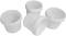 Four white, empty plastic containers, some stacked and some overturned, on a white surface.