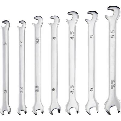 'Seven open-ended spanners in different sizes from 3 to 5.5 mm, arranged in ascending order.'