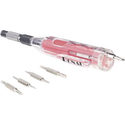 Transparent screwdriver with a red and black handle, bearing the inscription 'Donau'. Four interchangeable bits are positioned beside it.