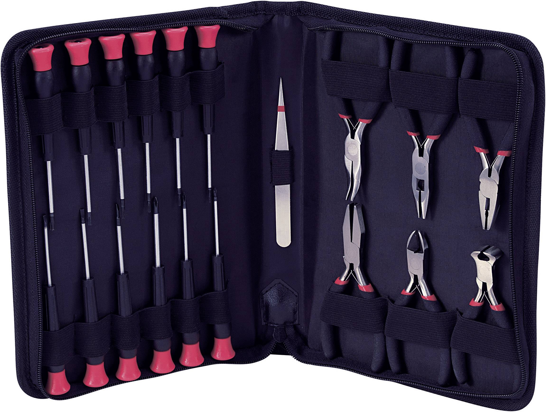 A tool set with ten screwdrivers, a pair of tweezers and five pliers, neatly organised in a compact black fabric case.