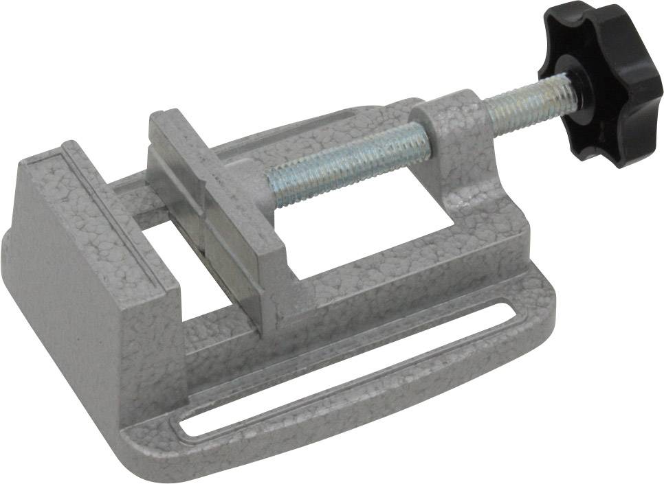 A small metal vice with a black turning screw for securing workpieces.