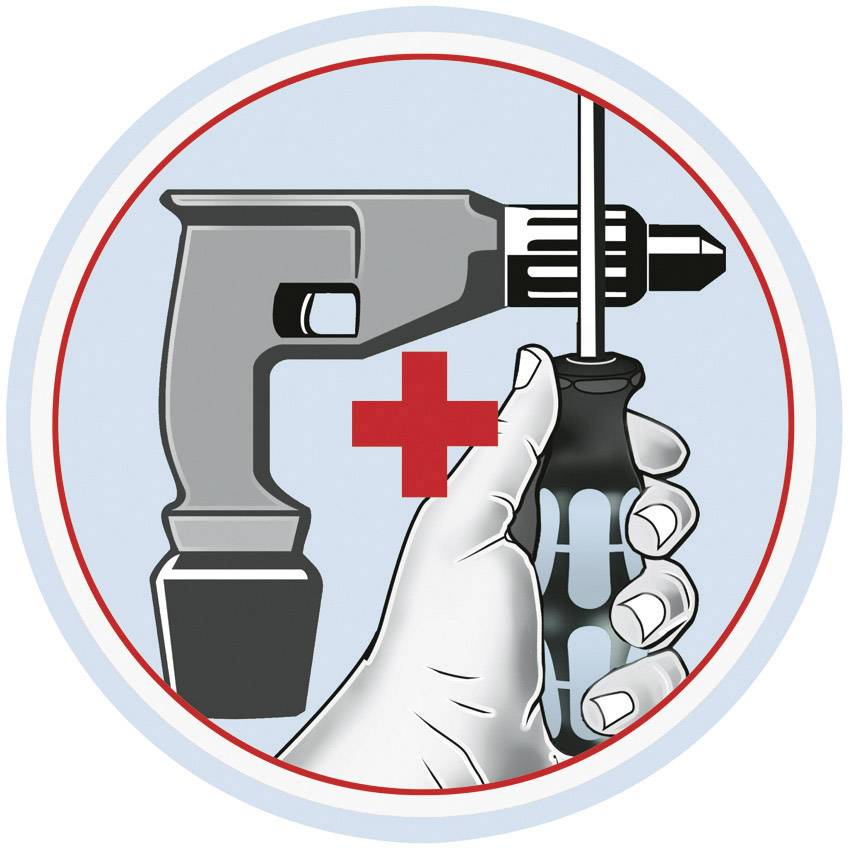 A hand is holding a screwdriver next to an electric drill. A red cross symbolises repair or tool maintenance.