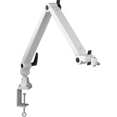 White metal monitor arm with adjustable joints and a clamp for fixing to a desk.