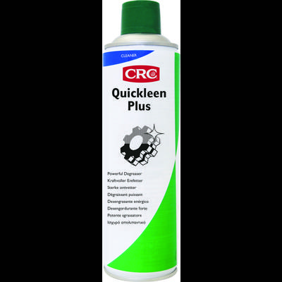 Spray can with green and white label, labelled 'CRC Quickleen Plus', a powerful degreaser. Suitable for industrial applications.