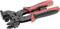 A crimping plier with black and red handles for connecting cables using a crimp connection.