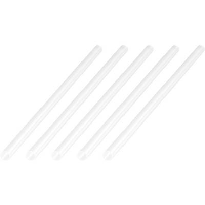 Five transparent drinking straws laid side by side on a white background.