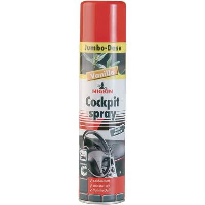 Nigrin Cockpit Spray in Jumbo Can with Vanilla Fragrance. It is silk-matte, anti-static and features an image of a car interior on the can.