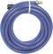 Blue spiral hose with metal connectors at both ends, suitable for use in gardens or workshops.