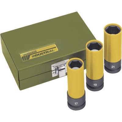 Green toolbox with yellow 'Proxxon Industrial' logo, three yellow socket attachments with size markings 17, 19, 21.