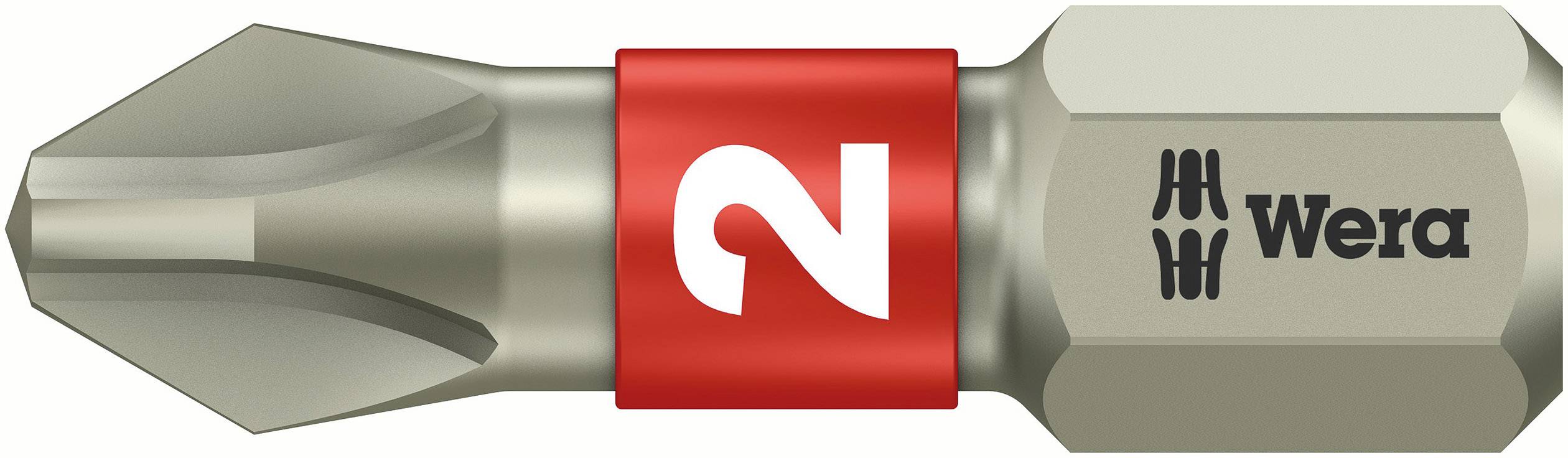 A Wera screwdriver bit with a red band and white '2'. The bit is pointed at the front; brand logo on the right.
