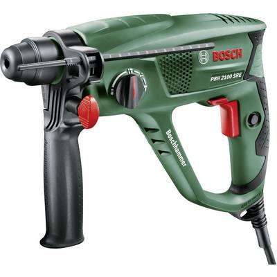 Green Bosch drill hammer, model PBH 2100 SRE, with a black handle, red adjustment dial, and grey drill head.