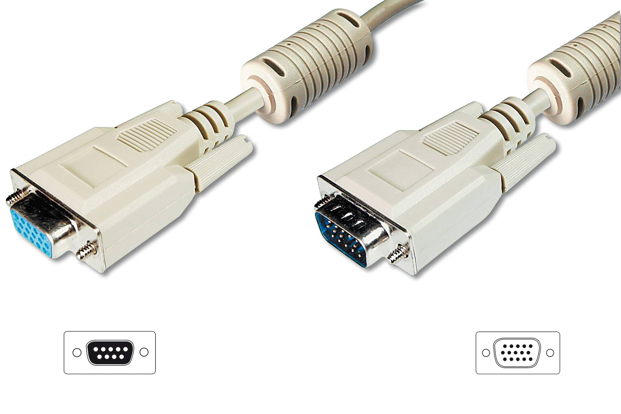 Digitus VGA Cable extension VGA 15-pin plug, VGA 15-pin socket 15.00 m Grey AK-310203-150-E screwable, incl. ferrite cor-1
