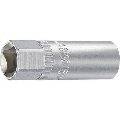 Metallic socket with a hexagonal end and engraved size marking of '16mm'. Used for screw-related work.