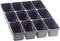 A black plastic seed tray with twelve rectangular compartments arranged in three rows, commonly used for propagating plants.