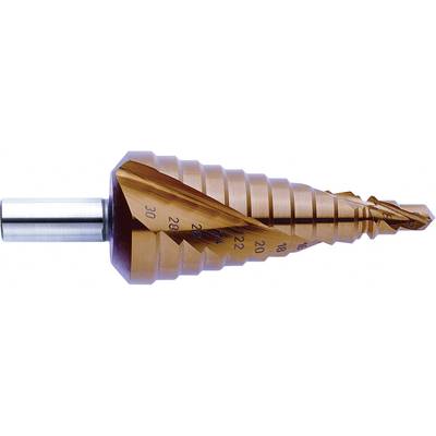 Metal spiral drill bits with a tapered form, stepped diameters, and markings on the surface for size adjustment.