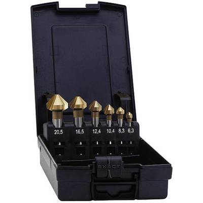 Six-piece countersink set in an open black box with metric size specifications: 20.5, 16.5, 12.4, 10.4, 8.3, 6.3 millimetres.
