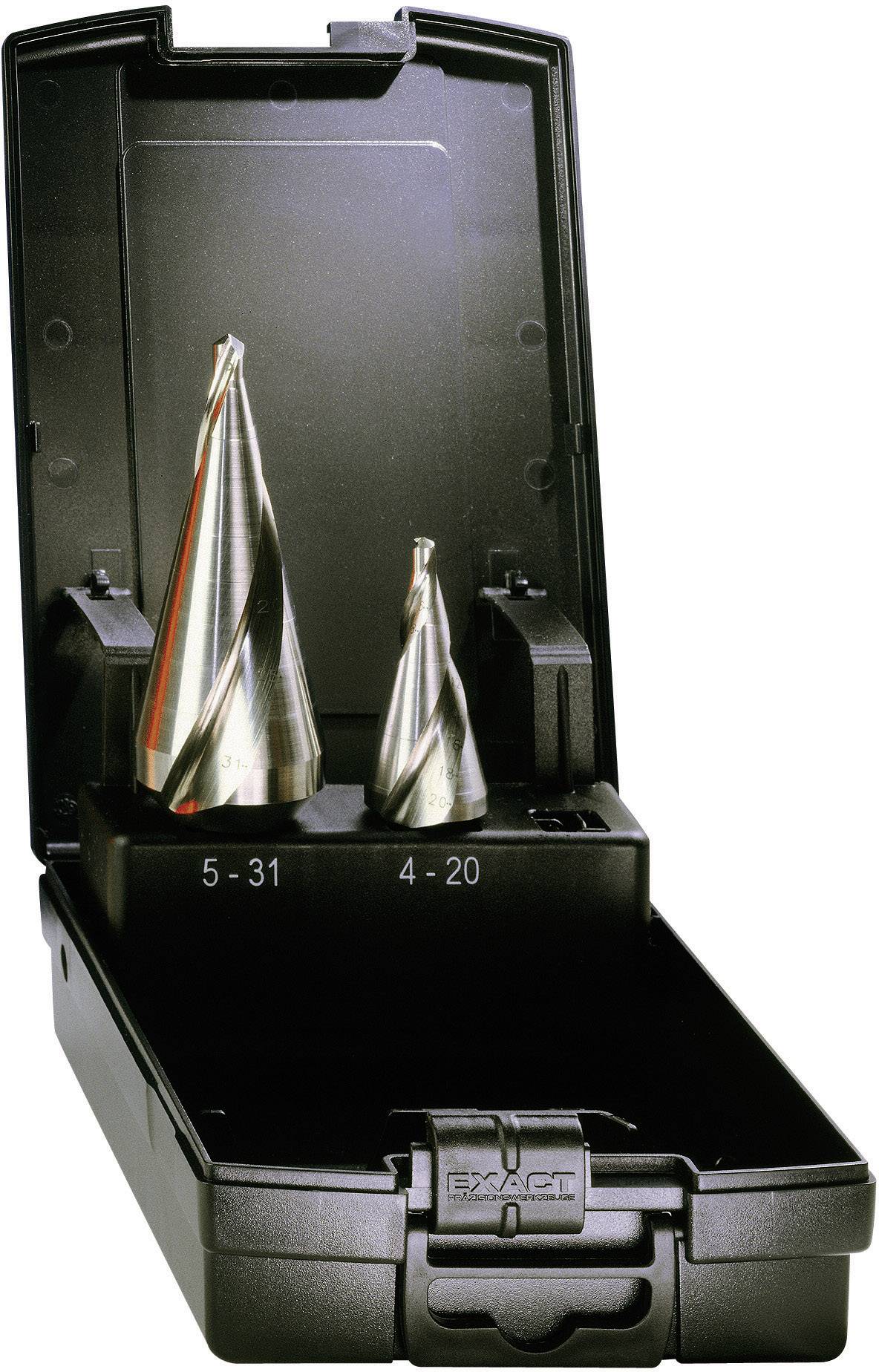 A black tool case containing two silver step drills of different sizes, the smaller one marked '4-20', the larger '5-31'.