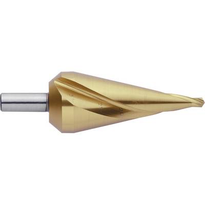 Metal cutting tool with a tapered shape, suitable for drilling various hole sizes, used for sheet metal processing.