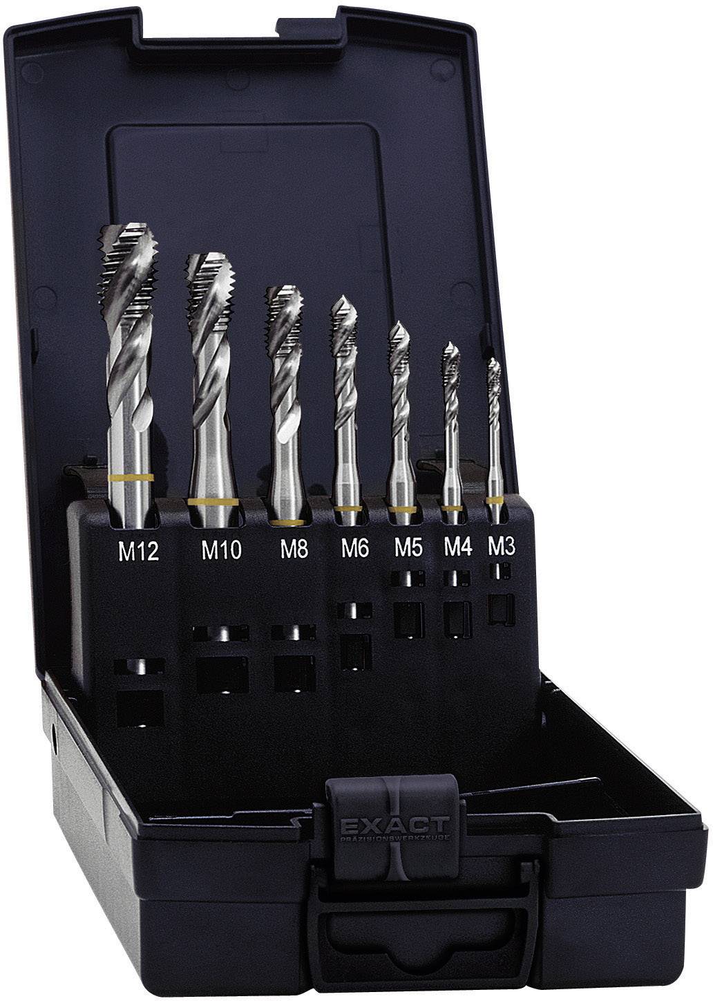 A set of tapping drills in an open black case, arranged from M3 to M12, lined up in ascending size from right to left.