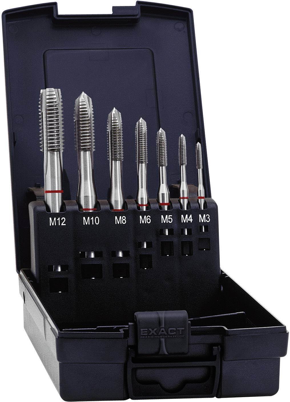 Set of metal thread taps in various sizes (M3 to M12) in an open black box. Primary tools for thread cutting.