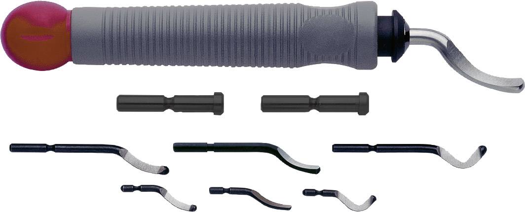 A tool with a red handle and multiple attachments. There are seven different blades beneath the handle, each with a unique shape.