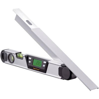 Digital angle gauge with screen display and spirit level. Shows 28.5 degrees. Casing made of silver metal and black plastic.