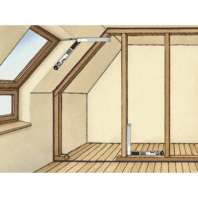 'Illustration of an attic with wooden beams and a digital measuring device for checking the inclination of the beam structure.'
