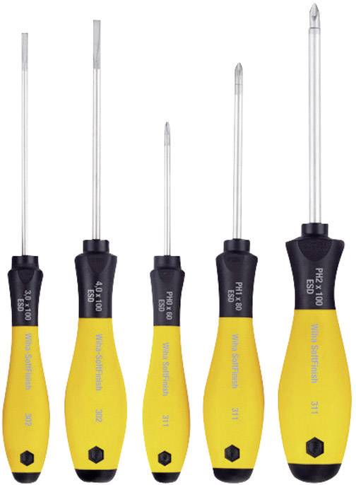 Five screwdrivers with yellow and black handles in different sizes, arranged side by side.