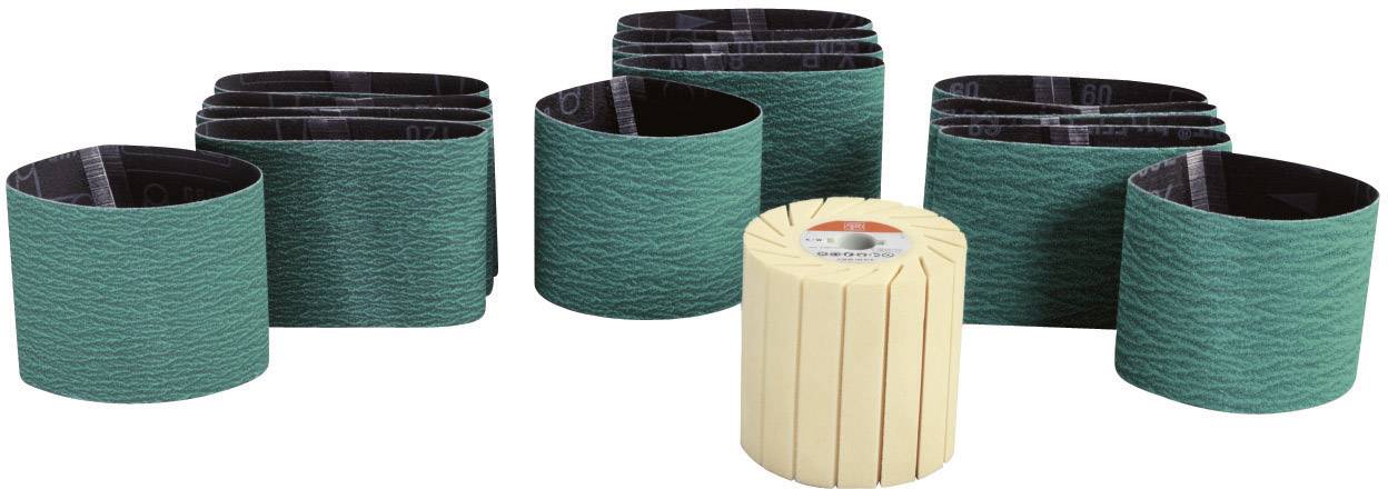 'Sanding belts in various sizes and a sanding body on a white background, suitable for craft or industrial applications.'