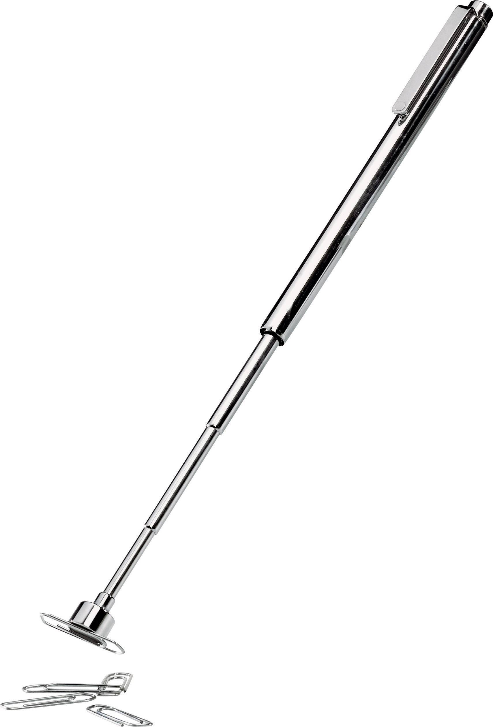 A telescopic magnetic bar picks up several paperclips from the floor. The bar has a silver, pen-like handle.
