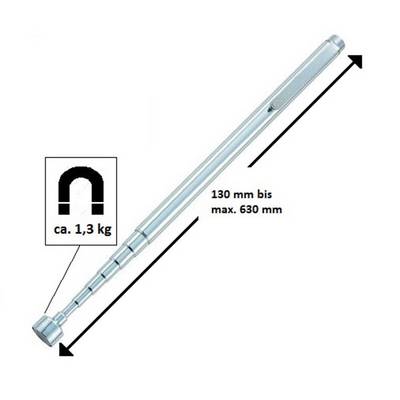 A telescopic magnetic pick-up tool, extending from 130 mm to max. 630 mm, can lift objects up to approx. 1.3 kg.