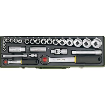 Socket wrench set with ratchet and 25 sockets in various sizes, arranged in a green carry case.
