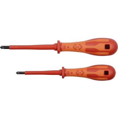 Two isolated screwdrivers with red handles and black tips, one small and one large, are lying side by side on a white background.