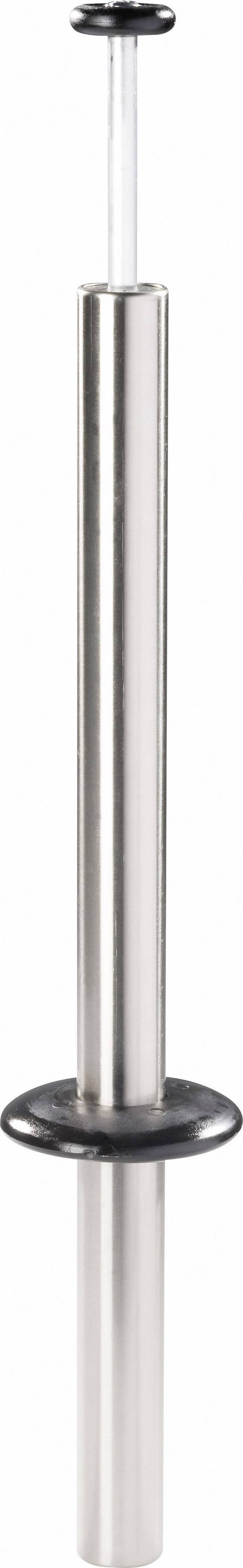 Metallic garlic crusher with a black handle in a cylindrical shape, standing vertically.